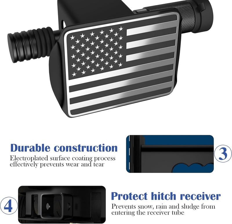 OGYE Heavy American Flag Metal Trailer Hitch Cover for 2 Inch Receivers (with 5/8-inch Pin Diameter Trailer Hitch Lock,Chrome) - Image 3
